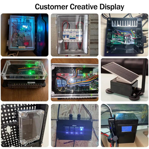 Collage of DIY outdoor electronics using IP67 Waterproof ABS Black Junction Box Enclosure with Clear Cover, various project setups