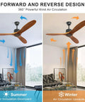 52 Inch Wood Ceiling Fan No Light With Remote For Indoor And Covered Outdoor Spaces Durable Rubber Wood 3 Blade Brown AC Motor Timer Vintage Style Dope Airflow For Living Room And Porch, forward and reverse design for seasonal air circulation.