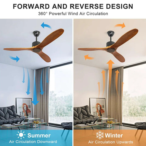 52 Inch Wood Ceiling Fan No Light With Remote For Indoor And Covered Outdoor Spaces Durable Rubber Wood 3 Blade Brown AC Motor Timer Vintage Style Dope Airflow For Living Room And Porch, forward and reverse design for seasonal air circulation.