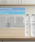 4 Pack Replacement Filters For Y7 Series Water Purification System Includes 2 Carbon Filtration And 2 RO Cartridges No Fuss Easy Fit Long Lasting Performance One Year Replacement For Y7 Y7P Y7T Models displayed on kitchen countertop with dimension labels