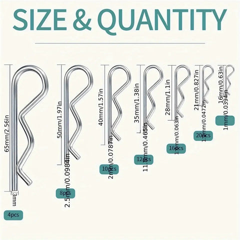 Stainless Steel Cotter Pin And R Clip Assortment Set 400 Pieces Open Hairpin Pins size chart showing lengths and quantities.