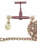 Heavy Duty T Handle 3/8 Inch Chain Ratchet Load Binder With 6 Feet Of Grade 70 Transport Chain And Grab Hooks For 5/16 To 3/8 Inch Chains, Cargo Tie Down Kit, 7,100 Lb Working Load, 21,300 Lb Max Capacity in red and gold, showing detailed hooks and chain links.