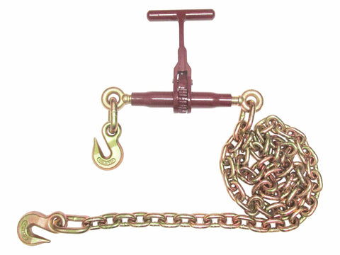 Heavy Duty T Handle 3/8 Inch Chain Ratchet Load Binder With 6 Feet Of Grade 70 Transport Chain And Grab Hooks For 5/16 To 3/8 Inch Chains, Cargo Tie Down Kit, 7,100 Lb Working Load, 21,300 Lb Max Capacity in red and gold, showing detailed hooks and chain links.