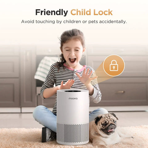 Child with dog near air purifier showcasing Powerful H13 True HEPA Air Purifier For Large Rooms Up To 1200 Sq Ft With Fragrance Sponge.