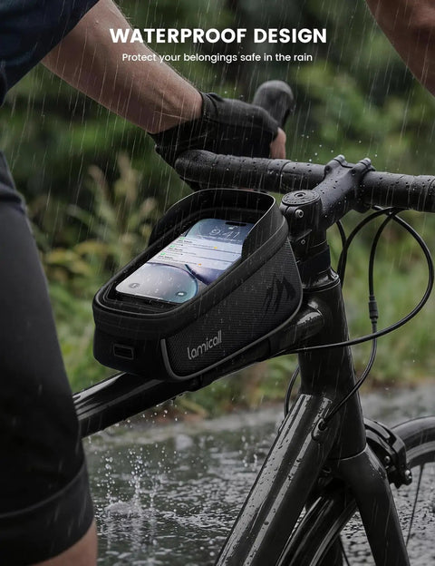 Cyclist using a Waterproof Bike Frame Bag With 1.6L Capacity Front Phone Holder And Touchscreen Window Rain Cover in the rain.