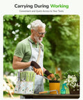 All In One 11 Piece Garden Tool Set With Heavy Duty Tools And Ergonomic Canvas Crossbody Bag in use by a gardener