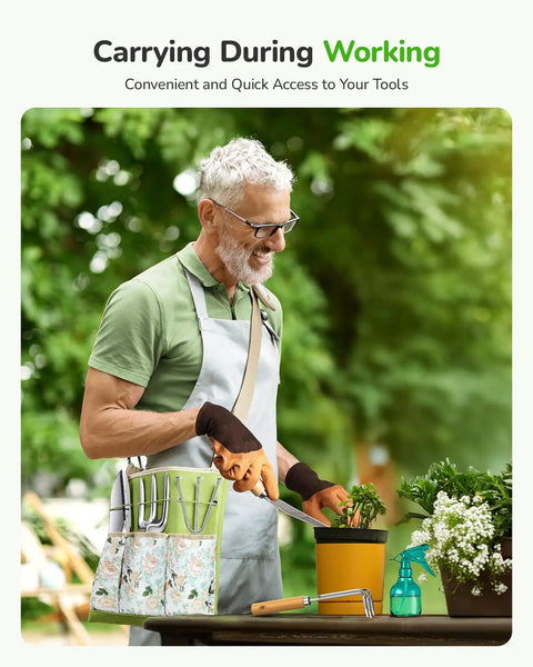 All In One 11 Piece Garden Tool Set With Heavy Duty Tools And Ergonomic Canvas Crossbody Bag in use by a gardener