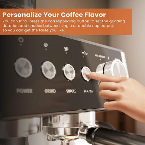 No Fuss Home Espresso Machine With Built In Grinder And Stainless Steel Milk Frother Wand For Killer Lattes And Smooth Shots Quick 20 Bar Brew Setup For Your Daily Grind control panel showing grind and cup size options