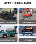 Application case showing concrete leveling ruler, conch harvester, concrete tank truck, spreader with 'Beefy Heavy Duty Vibration Motor 200 LBS Brush Vibrator For Salt And Sand And Concrete Mixers DC 12V 4500 RPM High Vibration Force Aluminum Alloy Shell With Durable 8 Inch Cable And SAE Connector'