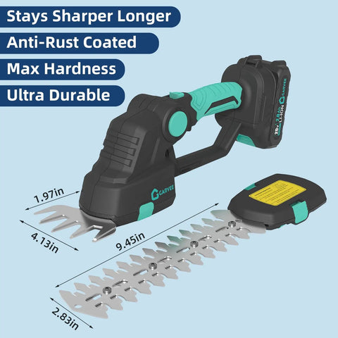 Cordless Hedge Trimmer With Battery 20V No Cords For Quick Hedge Edging And Lawn Cleanup 2 In 1 Grass Shear And Shrub Trimmer Includes 2x 2Ah Batteries And Charge Base, showcasing anti-rust blades.