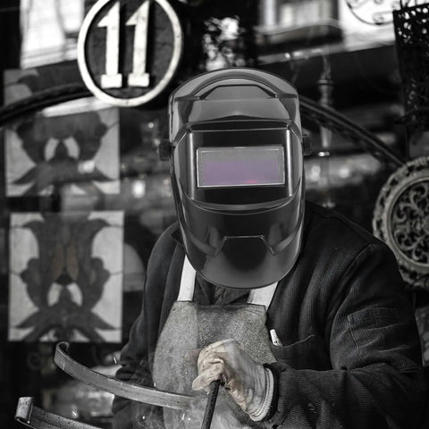 Durable P C Welding Helmet Replacement Lenses With 2.0 Magnification Goggles For Eye Safety And Easy Installation On Any Mini Welding Gear worn by a welder.
