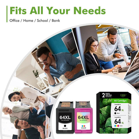 64XL Black And Tri Color Ink Cartridges Replacement For Envy Photo Printers 7855 7858 7155 visible with office meeting scenes