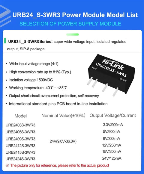 URB24_S-3WR3 Power Module with output specifications for DC DC Isolated Converter Module. Compact SIP-8 design.