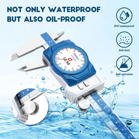Pro Grade Digital Dial Calipers 6 Inch 150mm IP67 Waterproof With OLED Readout And Dual Display in a splash of water