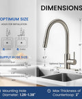 Dimensions and installation details of Rock Solid Kitchen Faucet With Smooth Pull Down Sprayer In Clean Brushed Nickel Finish.