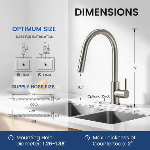 Dimensions and installation details of Rock Solid Kitchen Faucet With Smooth Pull Down Sprayer In Clean Brushed Nickel Finish.