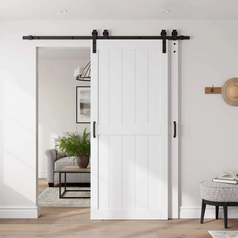 36x84 Inch Bypass Barn Door With 6.6 Ft Track Kit installed in living room, white solid core MDF with waterproof PVC surface