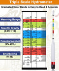Triple Scale Hydrometer For Home Brew And Home Brewing With ABV Brix And Specific Gravity Readings For Wine Mead Kombucha And Beer, Fermentation Hydrometer Kit, Easy To Use Alcohol Meter For Accurate Sugar And Alcohol Levels, with scale chart