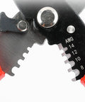 Close-up of Top Shelf 8 Inch Electrical Wire Strippers and Cable Cutters featuring hardened manganese steel blades for precise stripping.