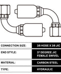 Illustration of 3/8 JIC hydraulic fittings kit showing 90-degree swivel and connection details for industrial use.