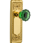 Egg And Dart Plate Passage Door Knob Set With Crystal Emerald Glass Knobs In Unlaquered Brass Old School Charm Two And Three Eighths Backset