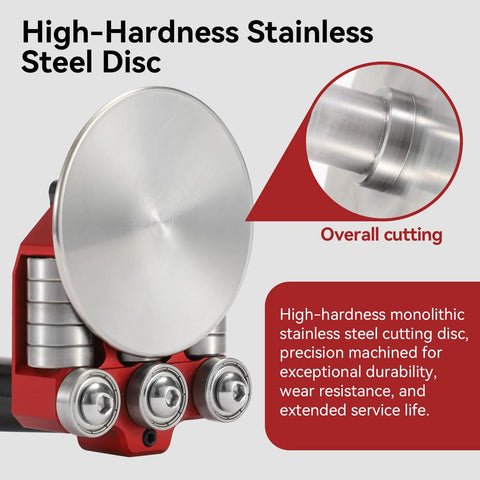 Front view of a one-station sheet metal bending roller with a large stainless steel disc and red frame, 3 rollers