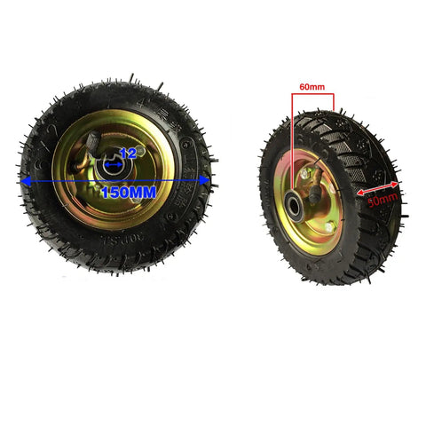 Six Inch Pneumatic Rubber Caster Wheels Heavy Duty Silent Pump Cart Tires with gold rim and tread design, 150mm diameter.