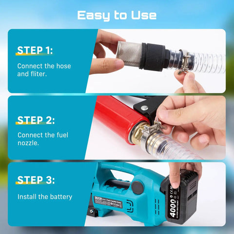 Diesel Transfer Pump Kit Cordless 12 GPM Battery Powered With Auto Stop Nozzle 4Ah Battery Two Hoses And Filter On The Go Fueling For Diesel Kerosene Farm Boat Home, setup steps
