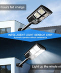 Ultra Bright Outdoor Solar Street Light With Dusk To Dawn Sensor, mounted on wall, illuminating a building at night
