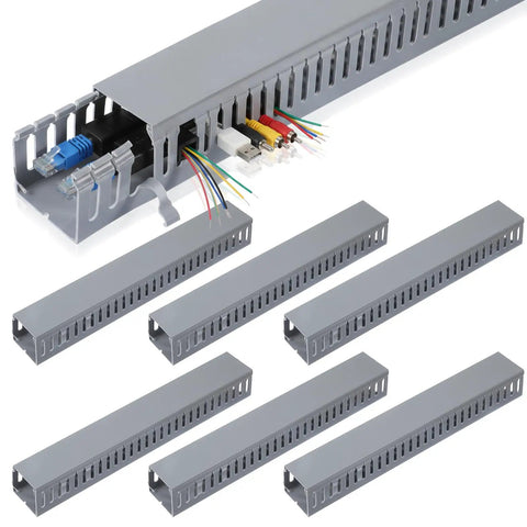 Six Piece Open Slot Wiring Raceway Duct For Under Desk Cable Management And Cord Track To Hide Computer Wires Easy Install With Tape And Screws Black PVC