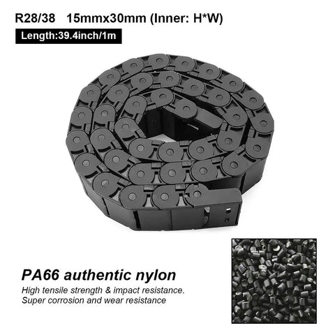 Heavy Duty Semi Enclosed Drag Chain Cable Carrier for CNC Machines, Black Plastic, Inner Side Openable, 15mm by 30mm, 1m