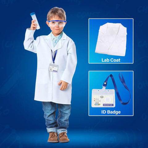 Child wearing Kids Lab Coat Doctor Scientist Costume With Safety Glasses, ID Card, holding test tube for pretend play.