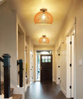 Semi Flush Mount Ceiling Light Fixture With Woven Rattan Cage Shade Cozy Rustic Farmhouse Vibe in a hallway lighting scene.