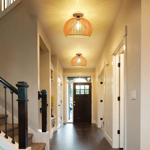 Semi Flush Mount Ceiling Light Fixture With Woven Rattan Cage Shade Cozy Rustic Farmhouse Vibe in a hallway lighting scene.