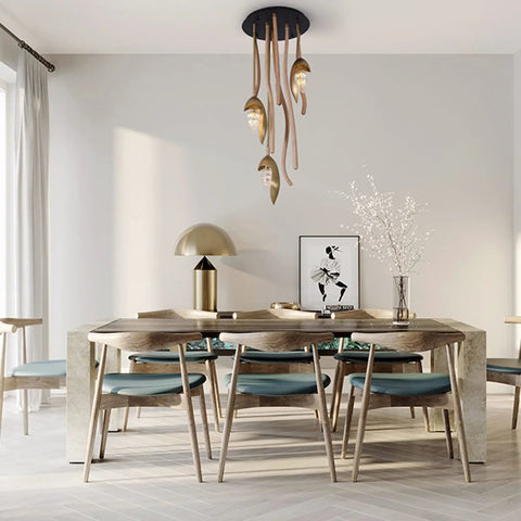 Premium Three Light Pendant Ceiling Lamp Solid Wood Design in modern dining room setting with light wood table and blue chairs.