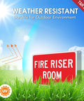 Heavy Duty Rustproof Aluminum Fire Riser Room Signs Two Pack UV Protected Waterproof sign in green grass under blue sky.