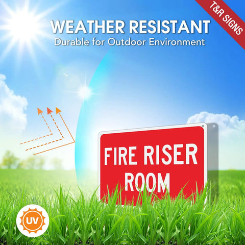 Heavy Duty Rustproof Aluminum Fire Riser Room Signs Two Pack UV Protected Waterproof sign in green grass under blue sky.