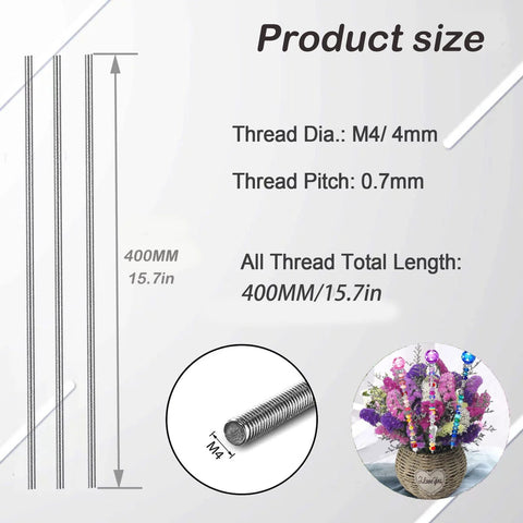 Front view of 24 stainless steel M4 threaded rods with hex nuts, 400mm total length for garden stakes