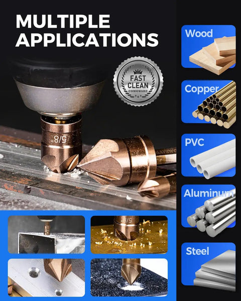 Image showing the Top Shelf M35 Cobalt Countersink Drill Bit Set With Six Knockout Chamfer Tools in action on wood and metal.