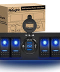 4 Gang Rocker Switch Panel With QC3.0 Dual USB Charger Voltmeter Waterproof Night Glow Stickers 12V-24V DC shown with box