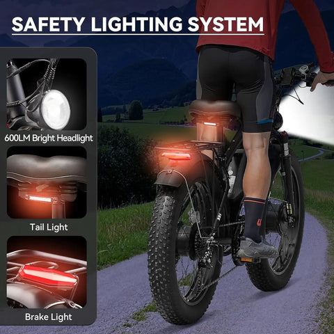 Rear view of Beast 6000W Dual Motor Ebike for Adults with safety lighting systems in action on an off-road path at night