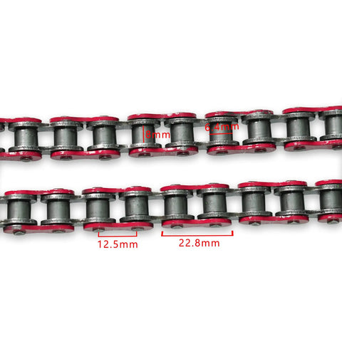 Close-up of Beefed Up Heavy Duty 420 Motorcycle Chain With Breaker 140 Link Standard Roller Drive Chain Half Inch Pitch