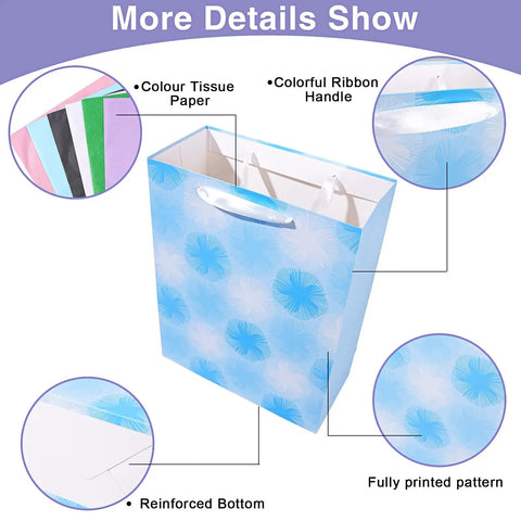 Party Ready 12 Pack Gift Bags Assorted Sizes With Tissue Paper Bulk Set blue bag with floral print, ribbon handle, color tissue paper