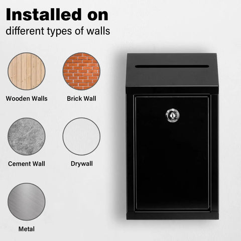 Workhorse Heavy Duty Metal Donation Box With Lock, Wall Mounted Cash Drop Box With Slot, Black Steel, for various wall types