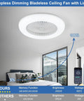 Slick Bladeless Flush Mount Ceiling Fan With Light, 22 Inch, in modern bedroom, dimmable, remote control visible, energy efficient.