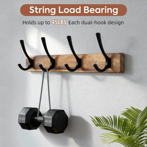 Acacia Wood Wall Coat Rack With Heavy Duty 4 Double Hooks, 15 Inch Long Hat Rack For Coats, Bags, Towels, And Leashes