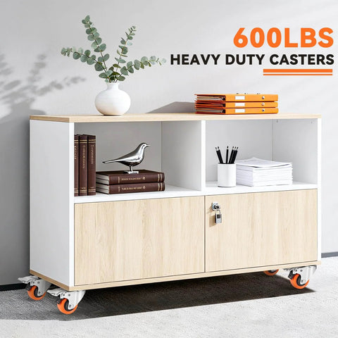 Wooden cabinet with books and decor on heavy duty 2 inch plate caster wheels set of 8 with brakes 150 lb capacity each dual locking swivel casters
