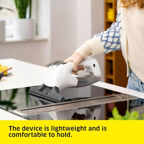 Front view of Kärcher WV 1 10-inch electric window vacuum squeegee, white handheld glass cleaner.