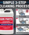 Heavy Duty Ultrasonic Gun Cleaning Fluid One Gallon Pro Strength Mixes Into Eight Gallons, 3-step cleaning process guide.