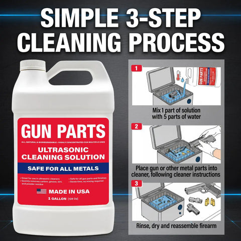 Heavy Duty Ultrasonic Gun Cleaning Fluid One Gallon Pro Strength Mixes Into Eight Gallons, 3-step cleaning process guide.